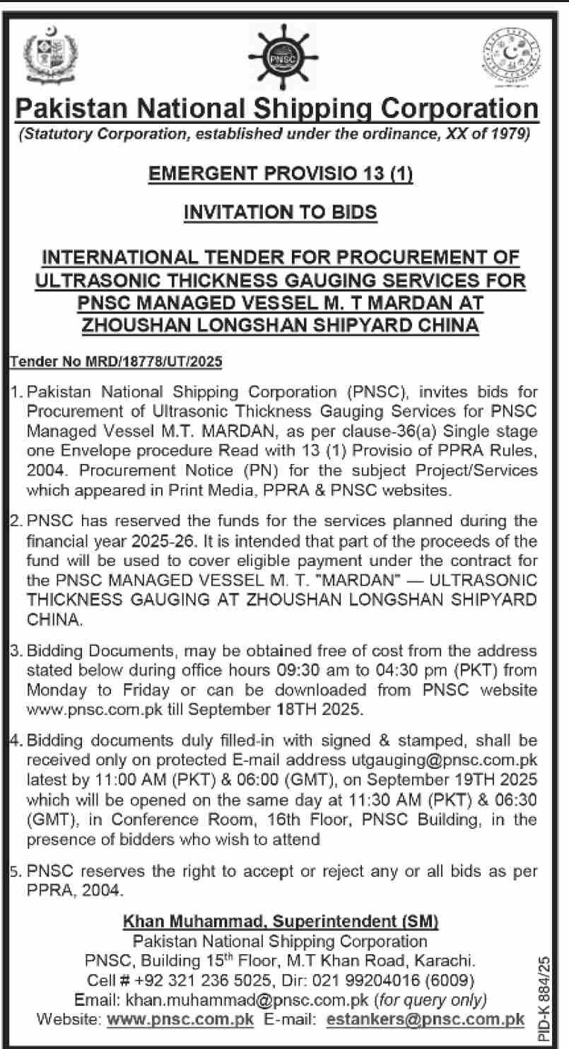 Pakistan National Shipping Corporation Tender Notice